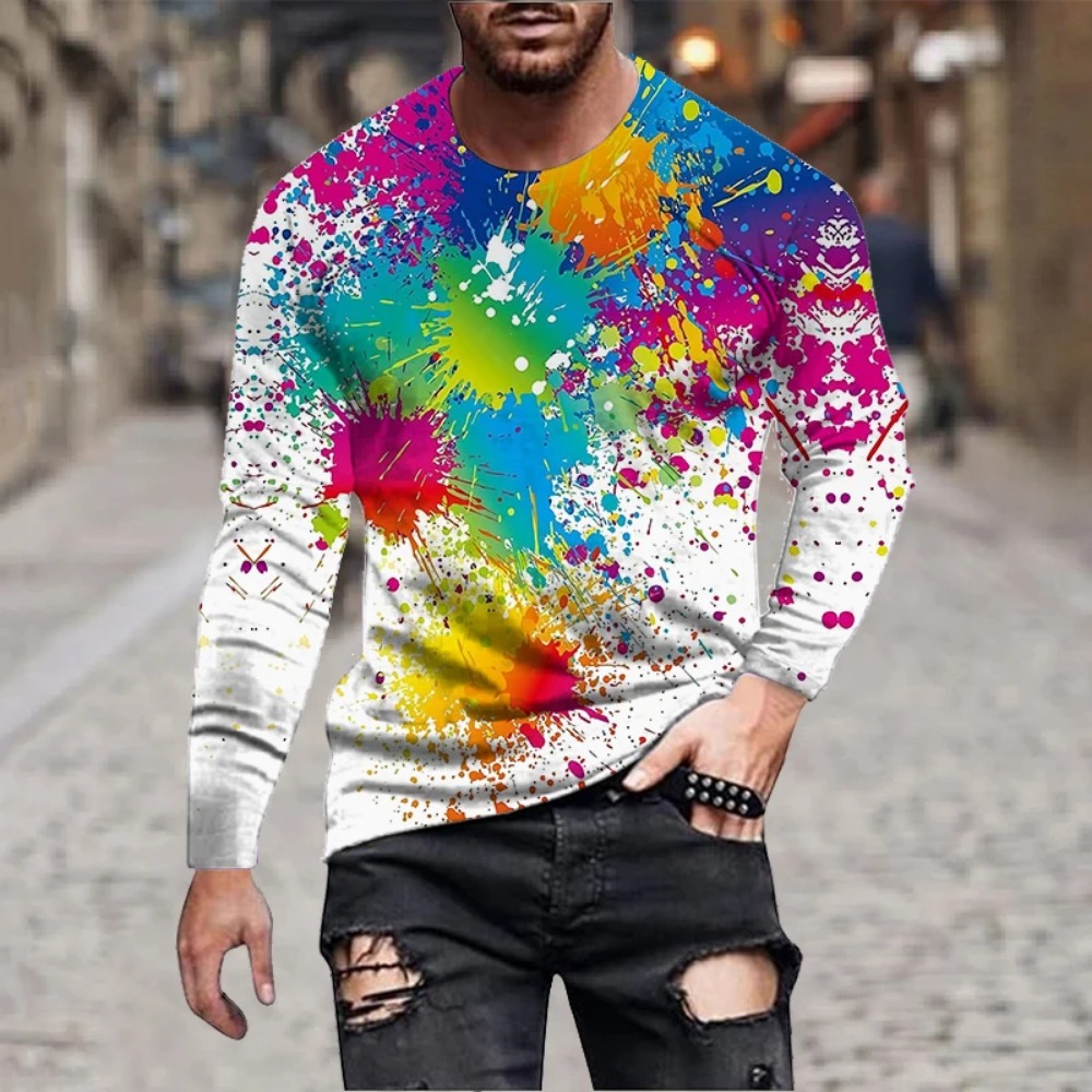 3D Printing Kpop - เสื้อยืดแขนยาวพิมพ์ลาย 3D ลายสีรุ้งสำหรับผู้ชาย เสื้อยืดลายกราฟฟิตี้หมึกสีสันสดใส ศิลปะนามธรรมแปลกใหม่ เสื้อแขนยาวลำลอง