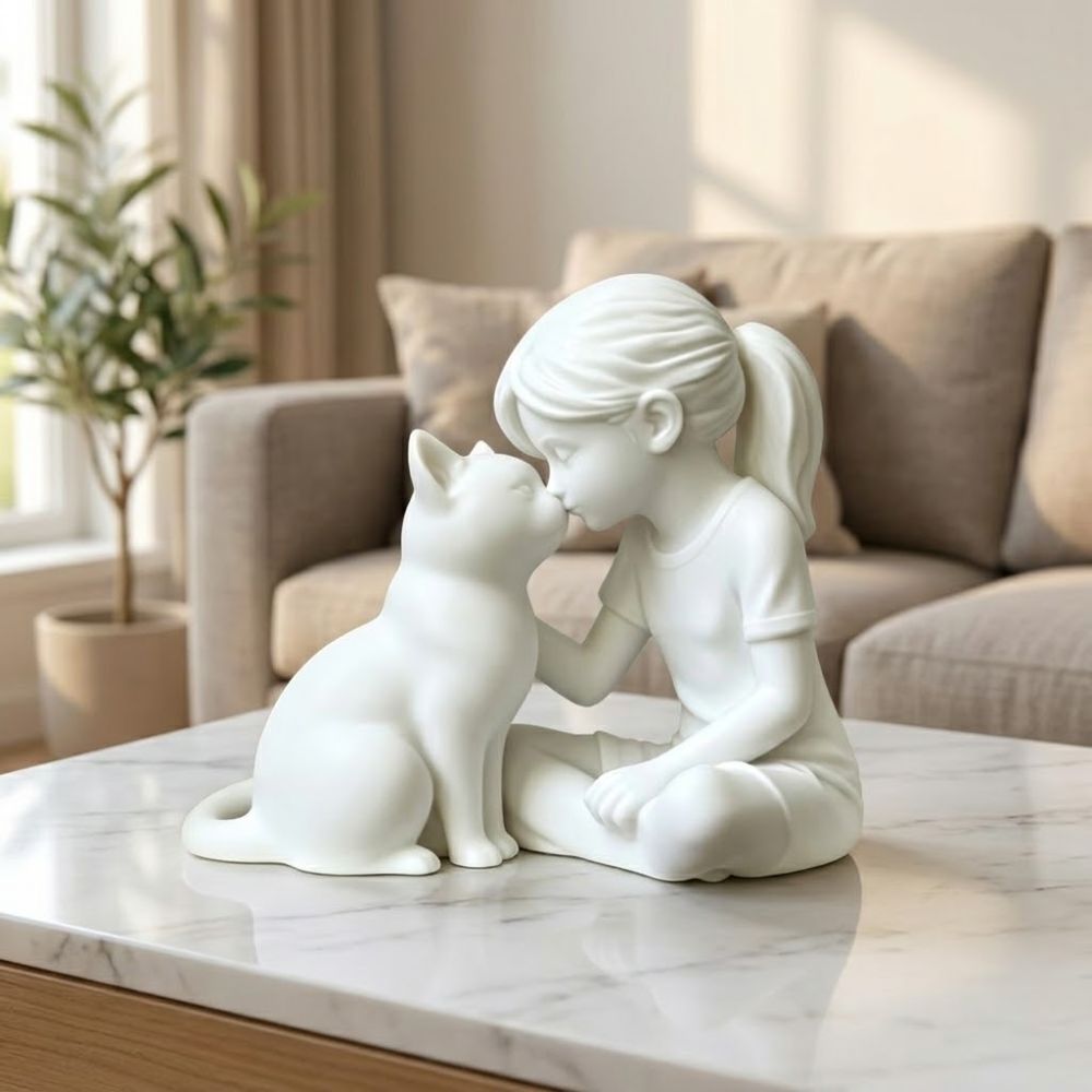 3D Printing Mockup - ประติมากรรมแมวและเด็กผู้หญิงพิมพ์ 3 มิติ งานฝีมือรูปปั้นแมวและเด็กผู้หญิงจากพลาสติกที่มีเอกลักษณ์ ของตกแต่งรูปสัตว์น่ารักสำหรับห้องนั่งเล่น