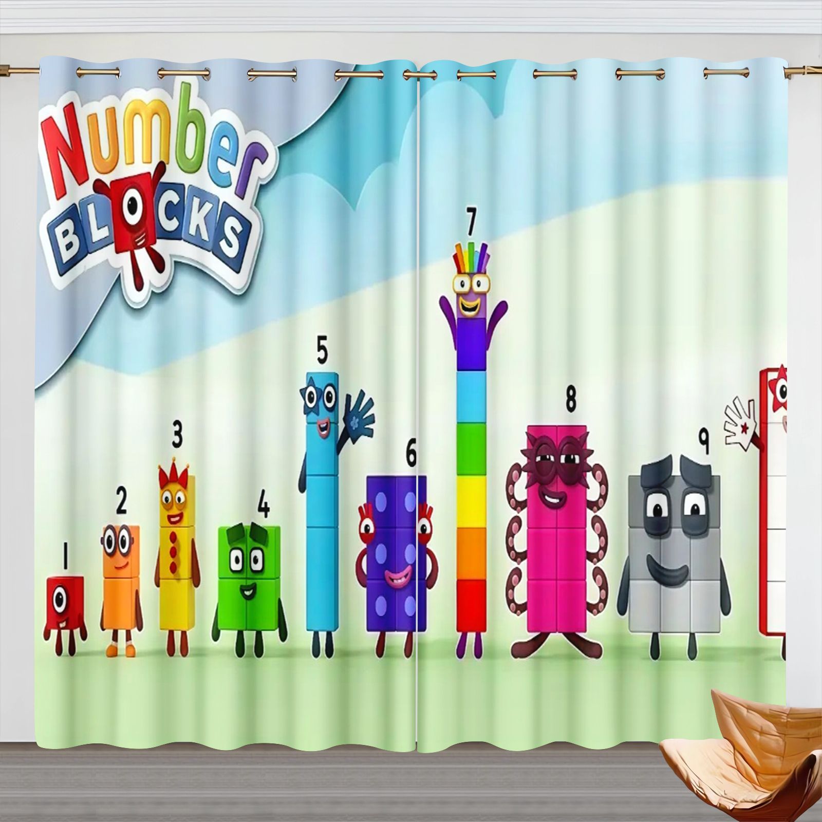 3D Printing House - ผ้าม่านการ์ตูน Numberblocks, ผ้าม่านกันแสงสำหรับห้องเด็ก, ผ้าม่านหน้าต่างพิมพ์ลายดิจิตอล 3 มิติ
